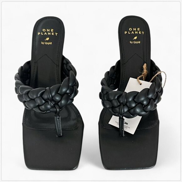 Qupid Black Braided JayLove-13S One Planet Vegan Thong Heel Sandals NEW 6.5 - Picture 5 of 7